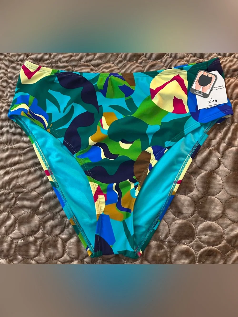 Time and Tru Multicolor Abstract Swim Bottom in Teal & Green